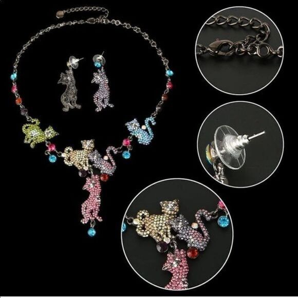 Hematite Black Multicolored Austrian Crystal Kitty Cat Necklace and Earrings Set - Picture 7 of 7